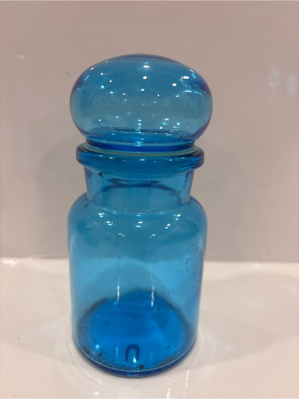 Bright Blue Glass Apothecary Jar with Round Lid vintage 5.5”